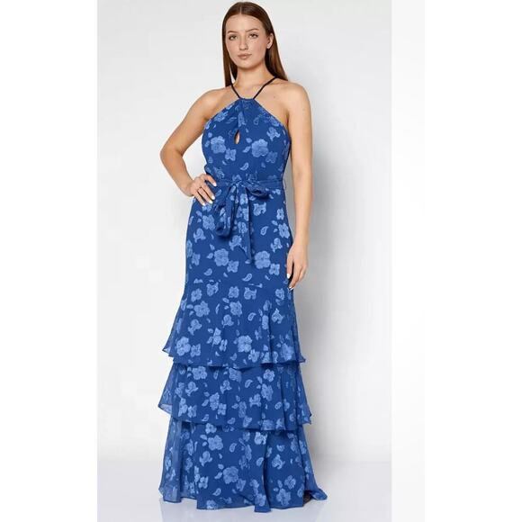NWT Lauren Ralph Lauren Women's Blue Adjustable Halter Neck Maxi Dress Size 14 - Picture 1 of 10